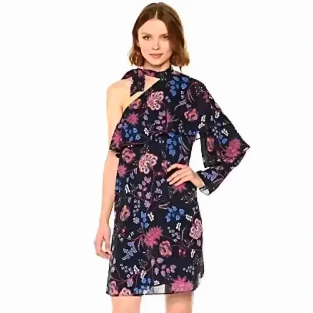 Ella Moon One Shoulder Mini Dress Large L Floral Ruffle Bow Tie Neck Blue Pink - Picture 2 of 15